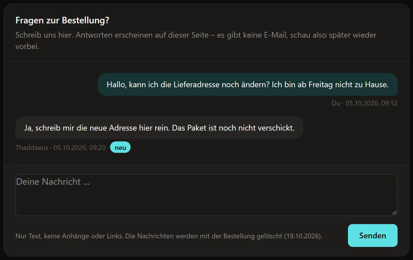 Das Nachrichtenfenster auf der Seite deiner Bestellung (Beispiel).