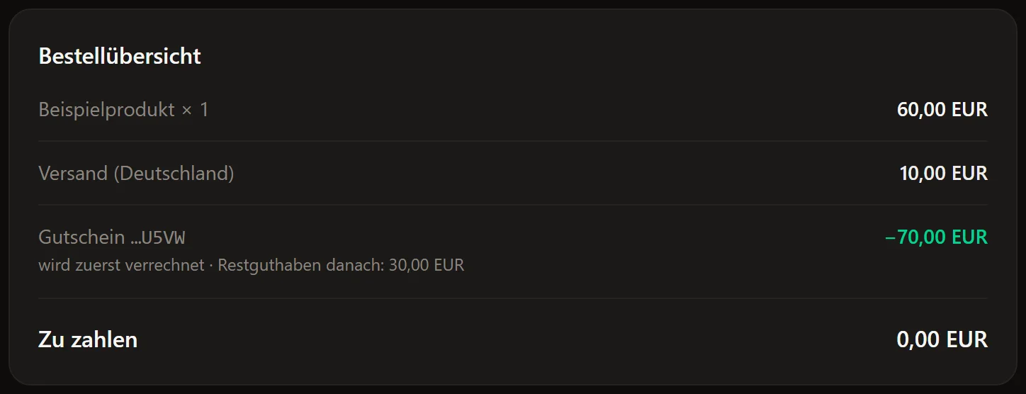 An der Kasse siehst du, wie viel Guthaben verrechnet wird und was übrig bleibt (Beispiel).