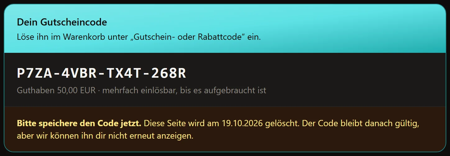 Nach der Zahlung steht dein Code auf der Seite deiner Bestellung (Beispiel).