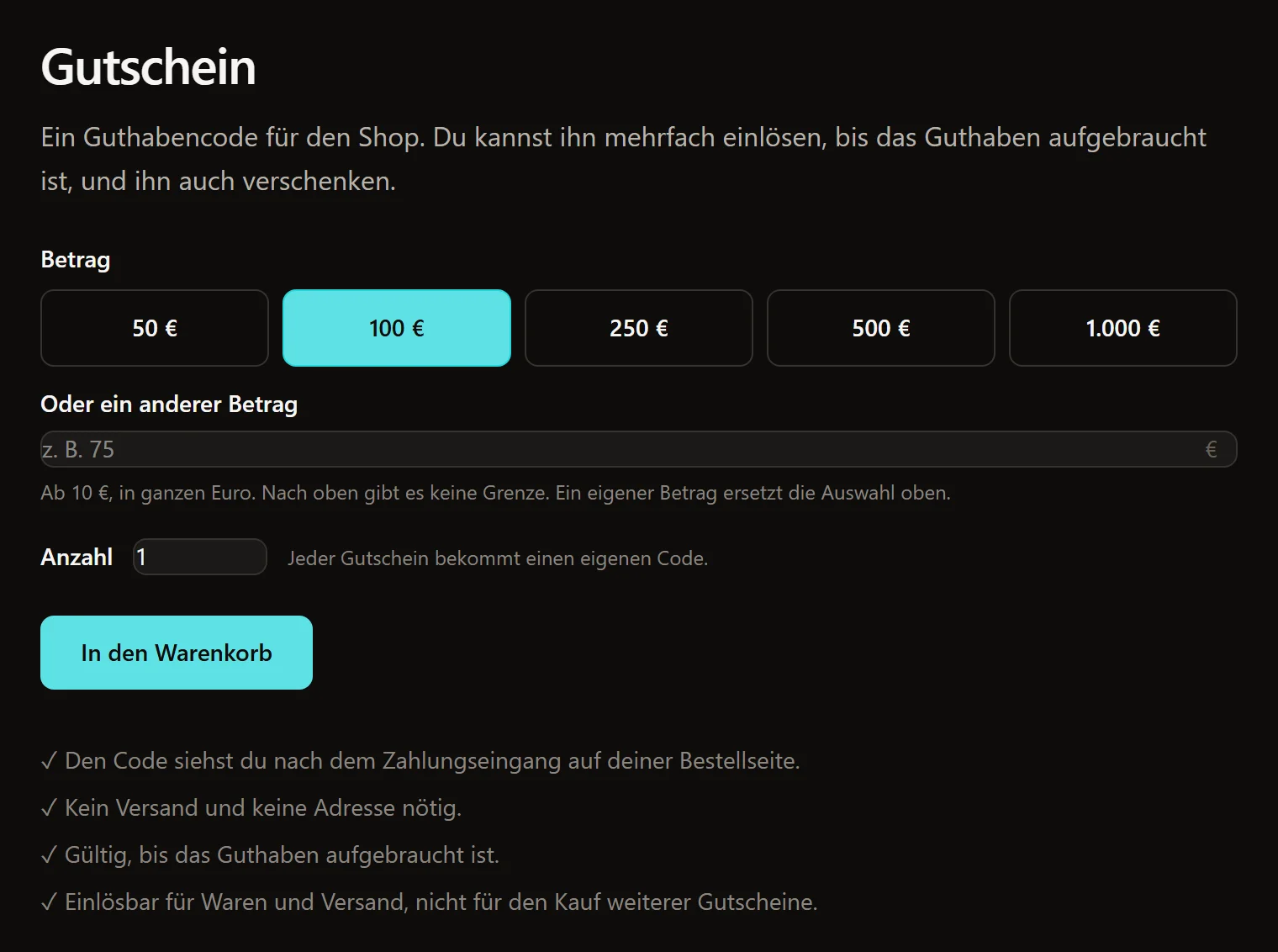 Auf der Gutschein-Seite wählst du den Betrag.