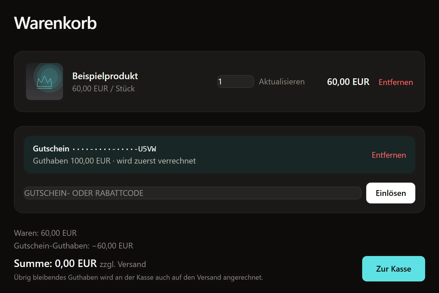 Im Warenkorb löst du den Code unter „Gutschein- oder Rabattcode“ ein (Beispiel).